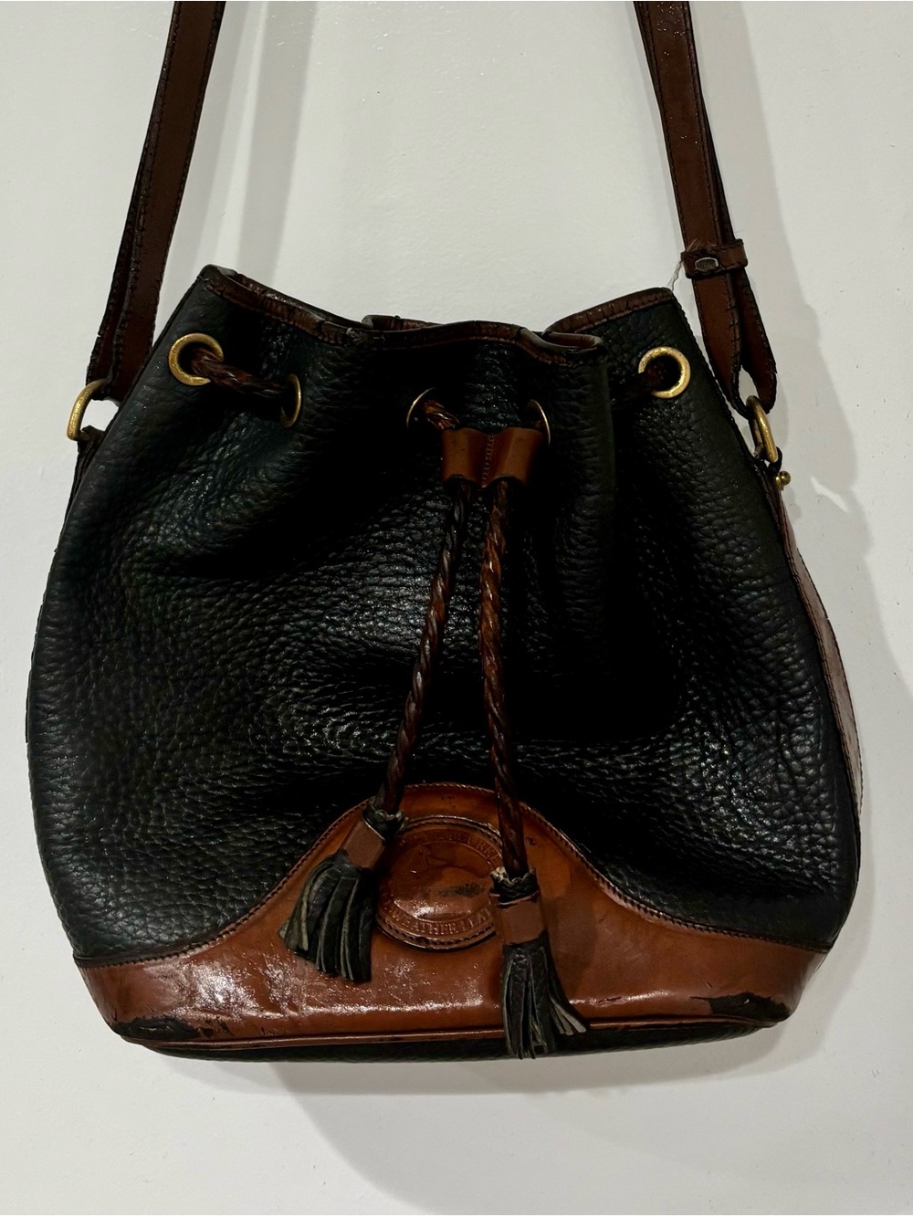 Dooney & Bourke Black and Brown Pebbled Leather Drawstring Hobo - Picture 3 of 5